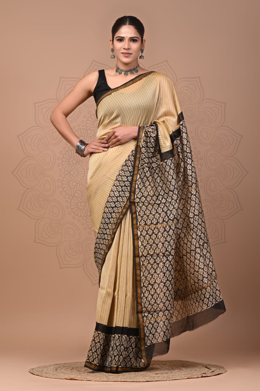 Beige Colour Pure Chanderi Silk Saree With Bagru Handblock Printed Work