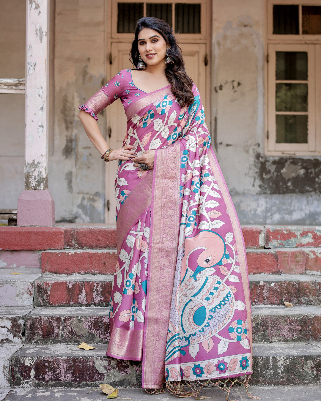 Light Magenta Kalamkari Digital Printed Tussar Silk Saree With Zari Motif Border