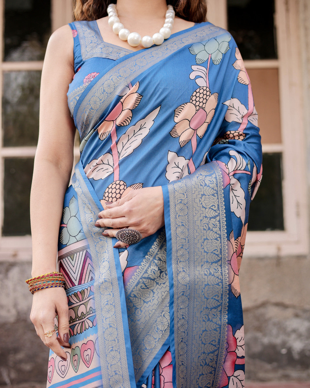 Blue Digital Kalamkari Printed Tussar Silk Saree With Zari Motif Border