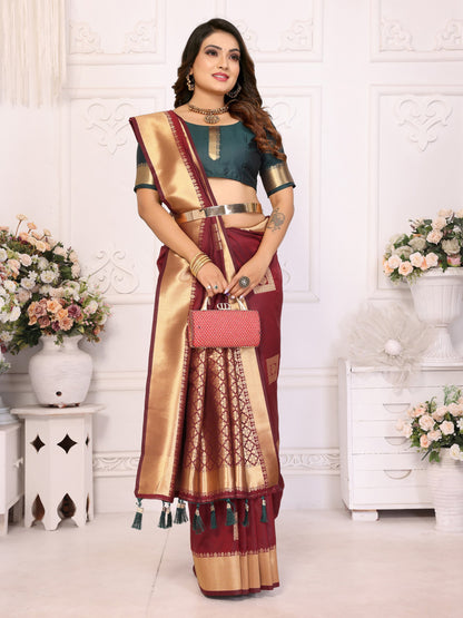 Maroon Premium Soft Silk Saree With Zari Weaving Work