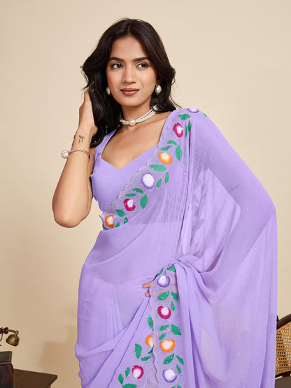 Lavender Color Georgette Saree With Brush Print And Siroski Work