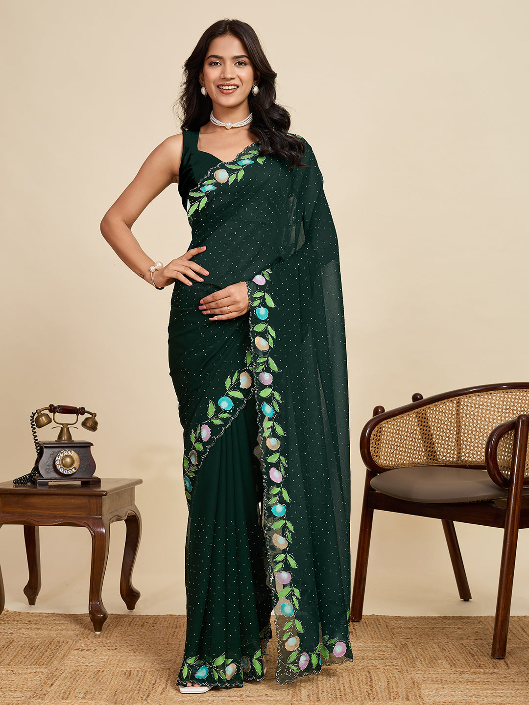 Green Color Georgette Saree With Brush Print And Siroski Work