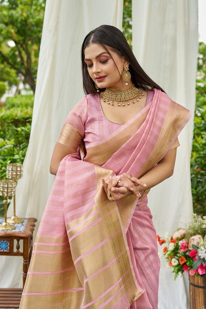 Baby Pink Colour Linen Cotton Saree With Zari Weaving Border