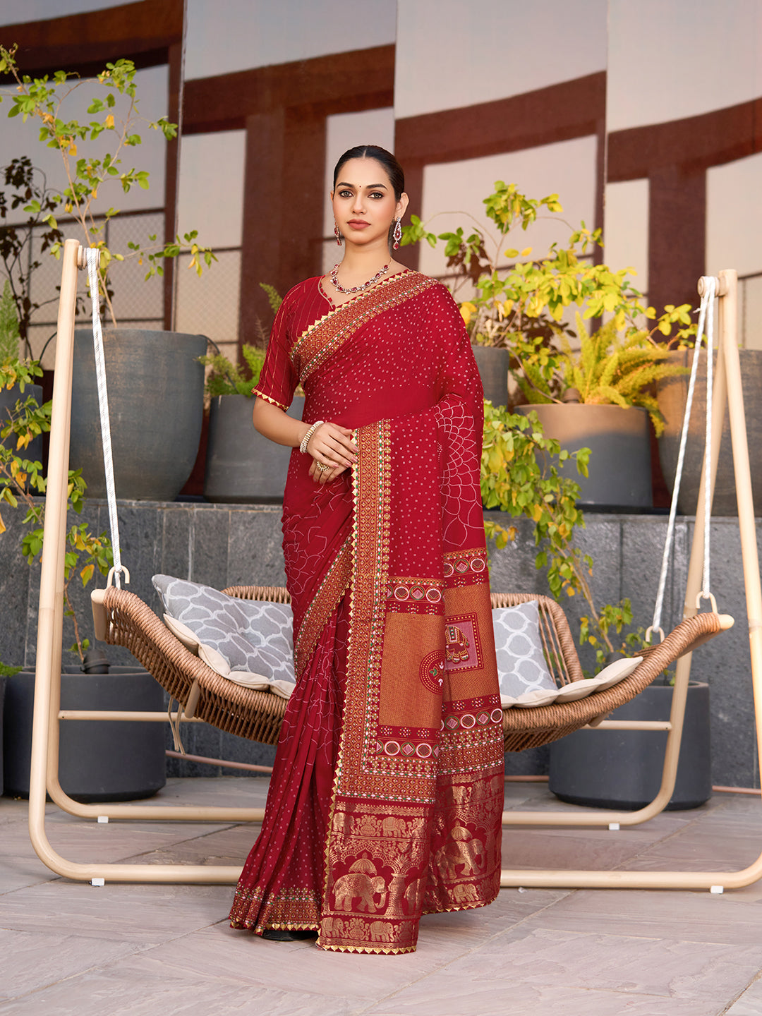 Red Stylist Soft Cotton Saree With Unique Table Printed & Lace Border