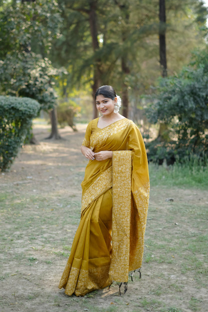 Mustard Yellow Handloom Raw Silk Saree With Contrast Weaving Work