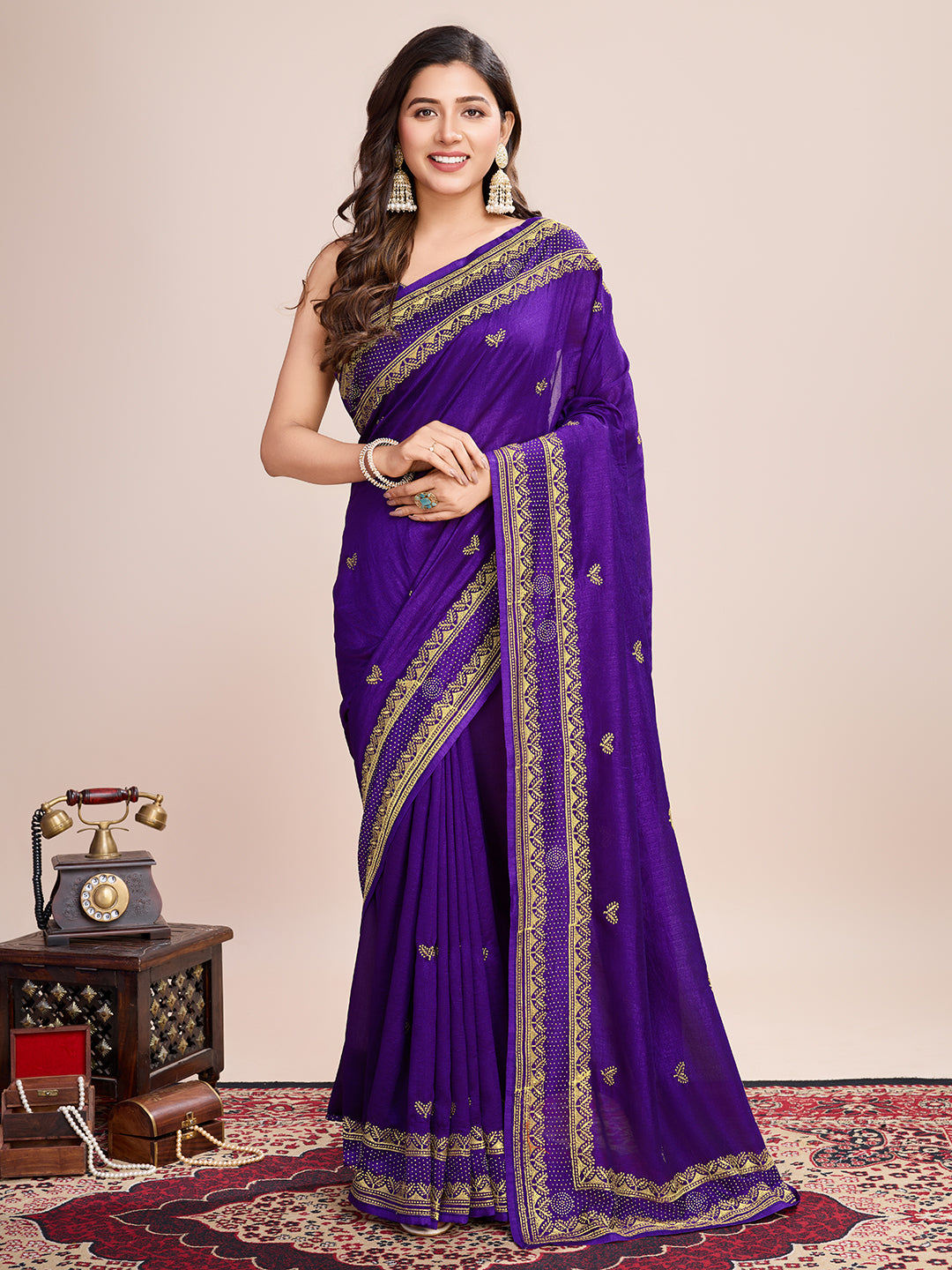 Fancy Purple Soft Vichitra Silk Saree With Embroidery Work