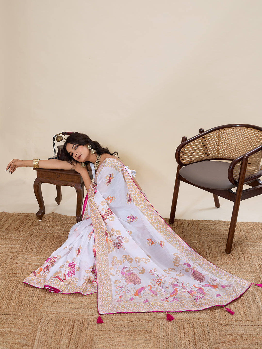 White Cotton Saree With Table Printed And Foil Work With Pipeing Border