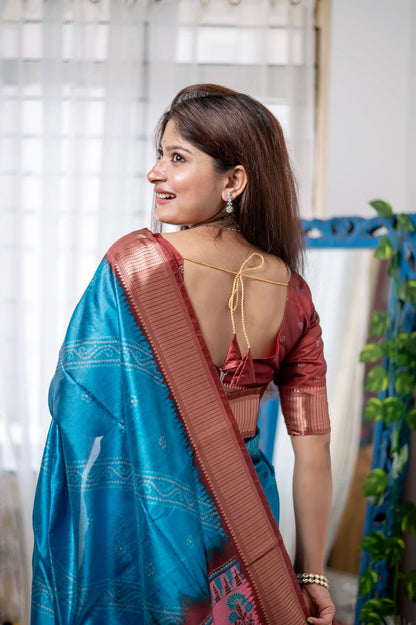 Firoji Color Tussar Silk Saree With Digital Printed Work