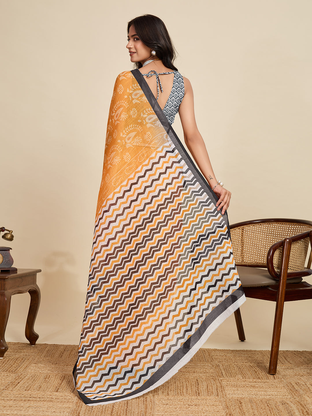Yellow Linen Cotton Saree With Digital Printed Work And Silver Zari Border