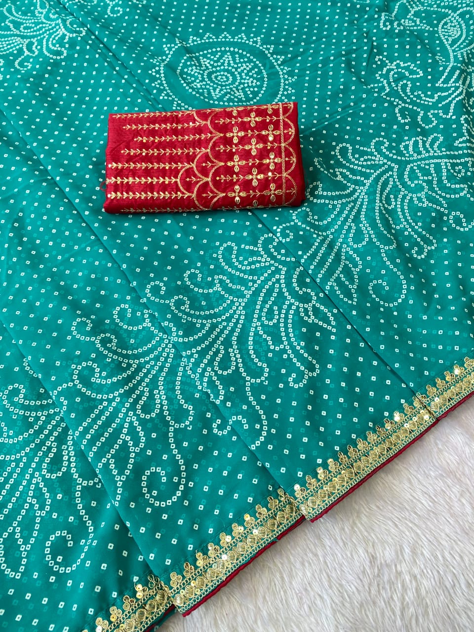 Firoji Color Georgette Bandhani Saree With Foil Print Work