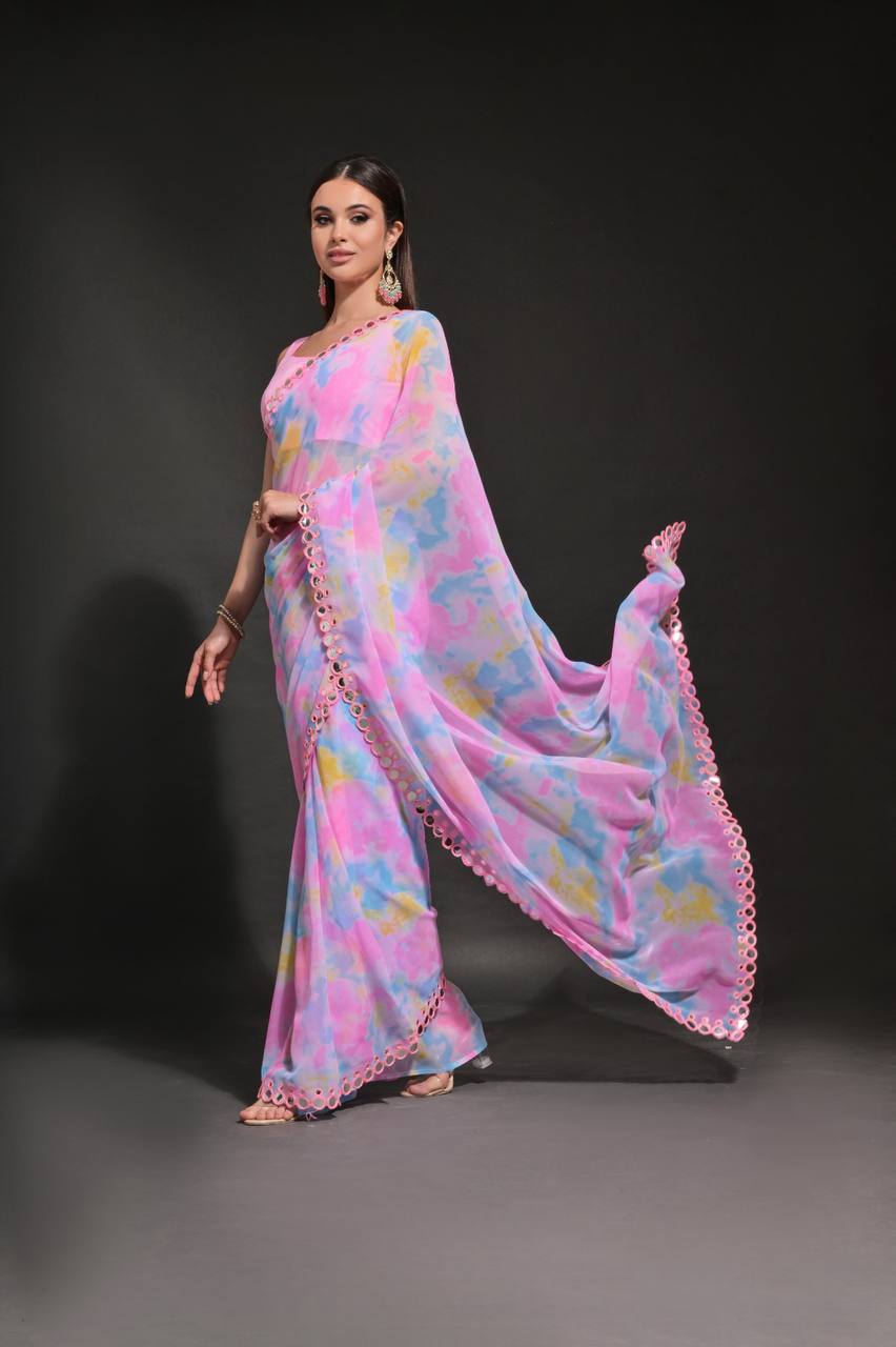Baby Pink Fancy Chiffon Silk Saree With Prizam Printed Work And Foil Mirror Work Border