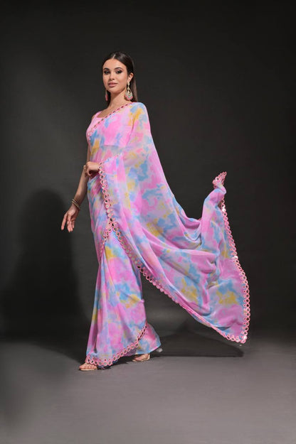 Baby Pink Fancy Chiffon Silk Saree With Prizam Printed Work And Foil Mirror Work Border