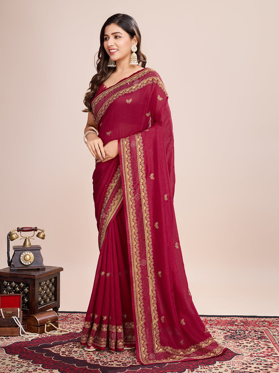 Fancy Rani Pink Soft Vichitra Silk Saree With Embroidery Work