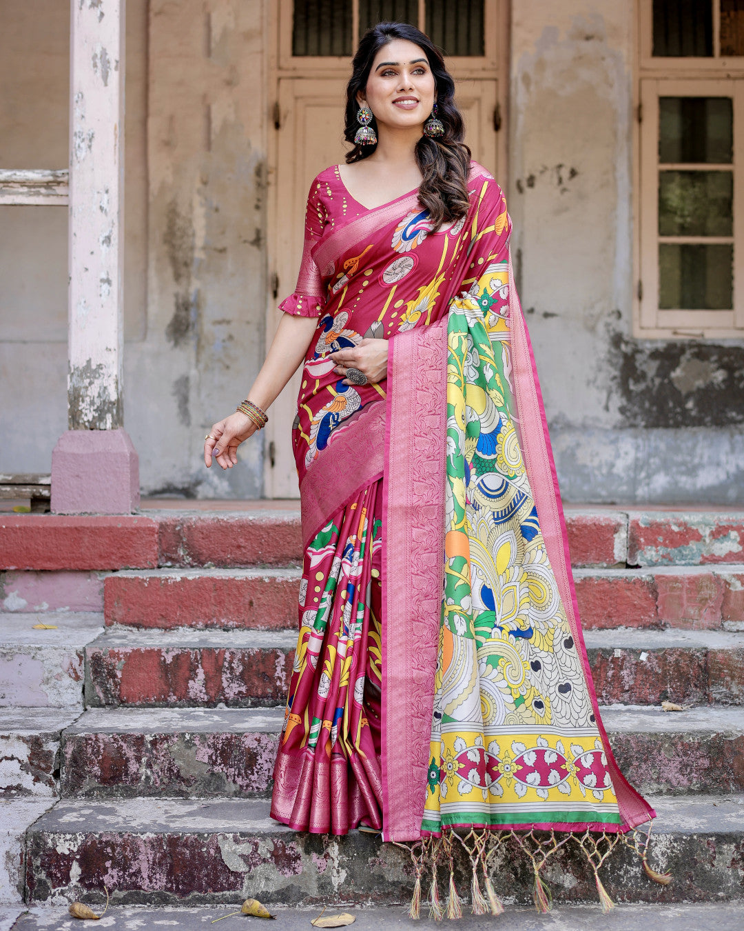 Pink Kalamkari Digital Printed Tussar Silk Saree With Zari Motif Border
