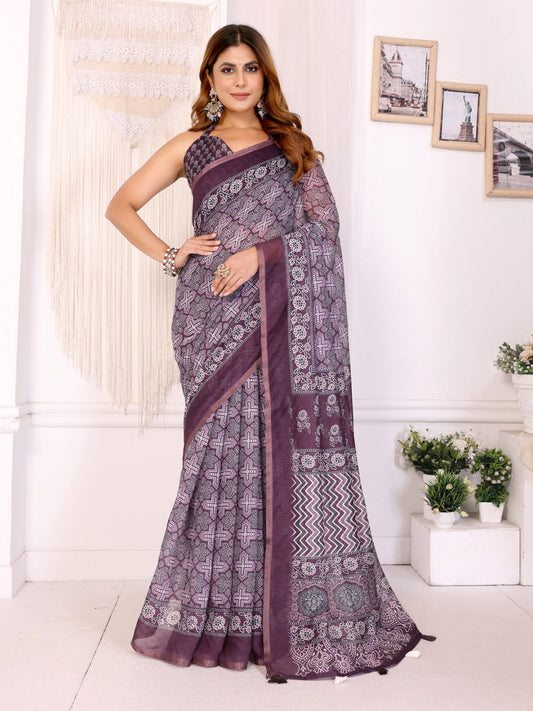 Multi Colour Chanderi Cotton Saree With Digital Printed Work