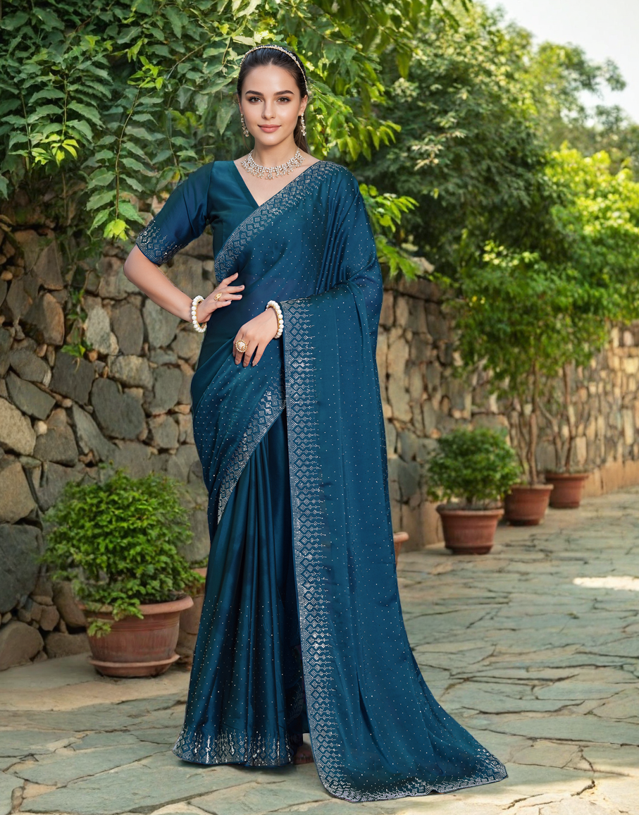 Fancy Teal Blue Rangoli Silk Saree With Diamond Work