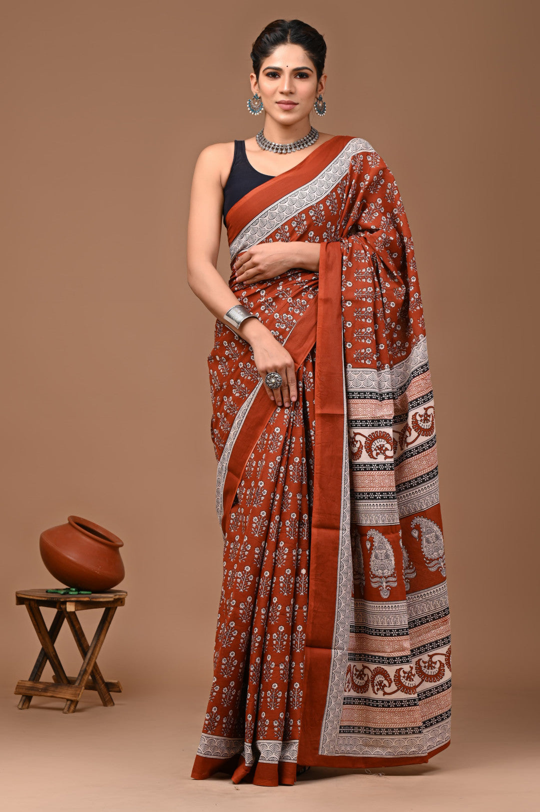 Brown Pure Mulmul Cotton Saree With Bagru Hand Block Printed Work
