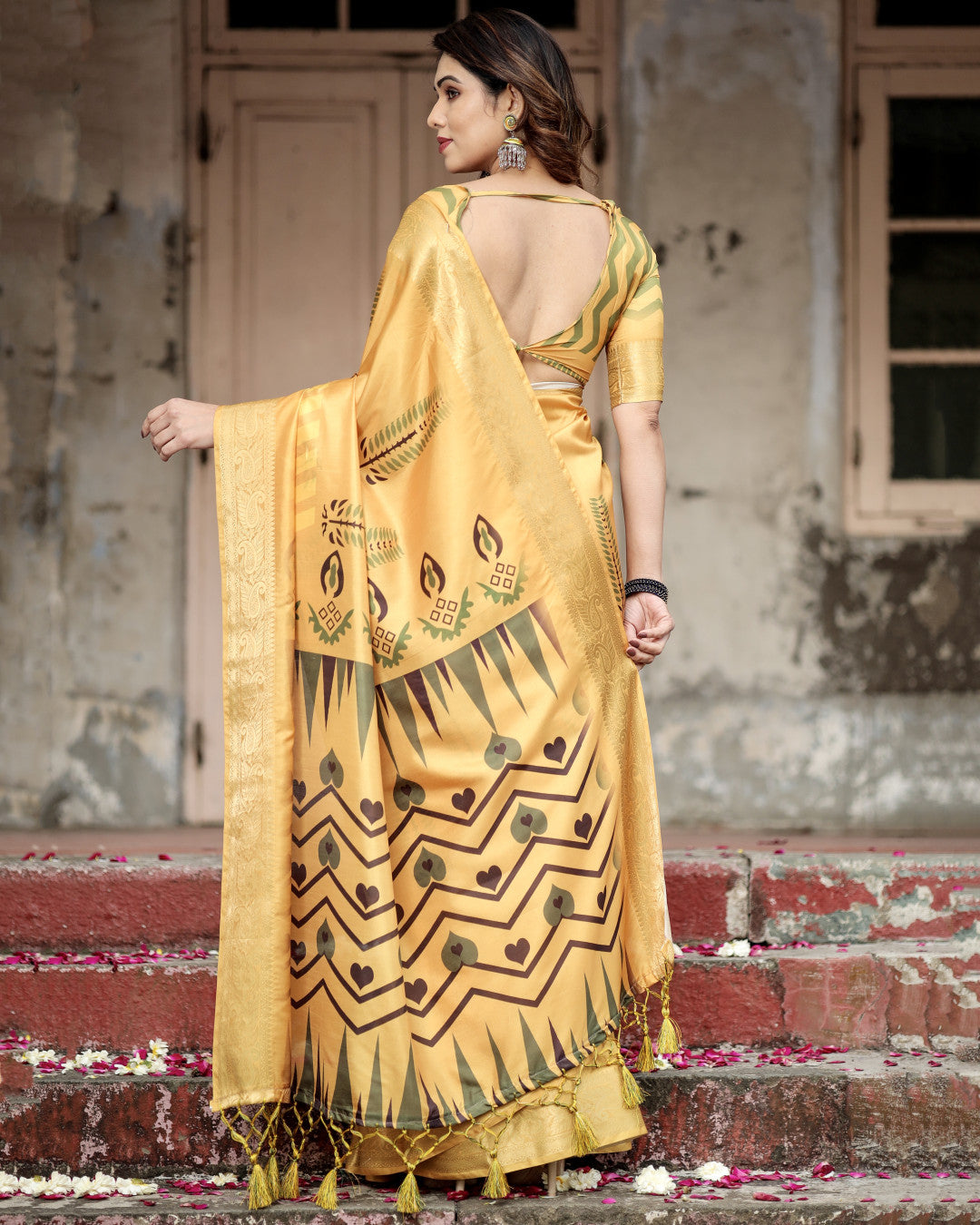 Yellow Kalamkari Digital Printed Dola Silk Saree With Gold Zari Border