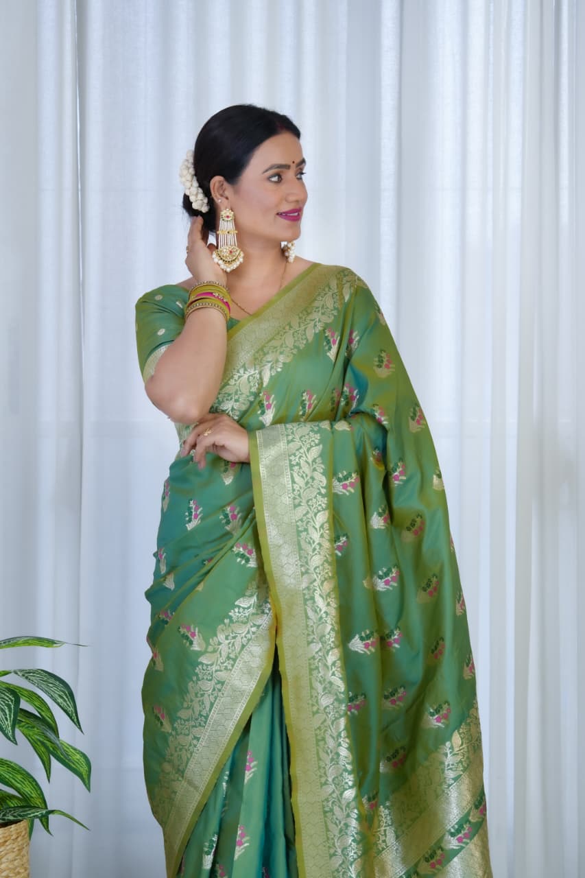 Green Pure Soft Banarasi Saree With Meenakari Weaving Work