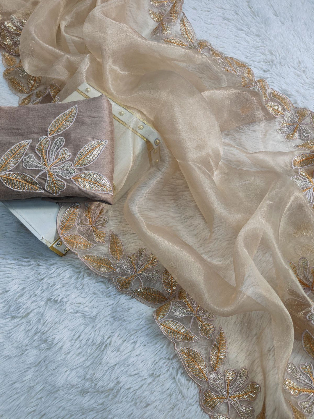 Beige Organza Silk Saree With Sequence Embroidery With Beautiful Cutting Border