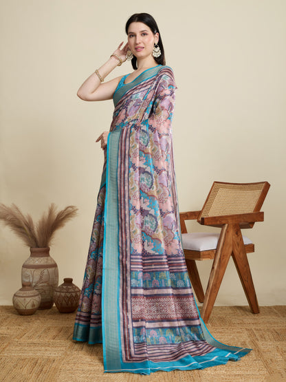 Multi Soft Cotton Saree With Digital Printed Pallu & Zari Border