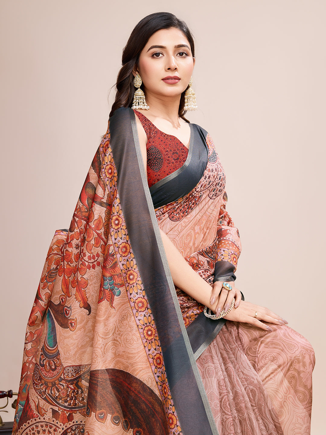 Multi Soft Linen Cotton Saree With Kalamkari Printed Work