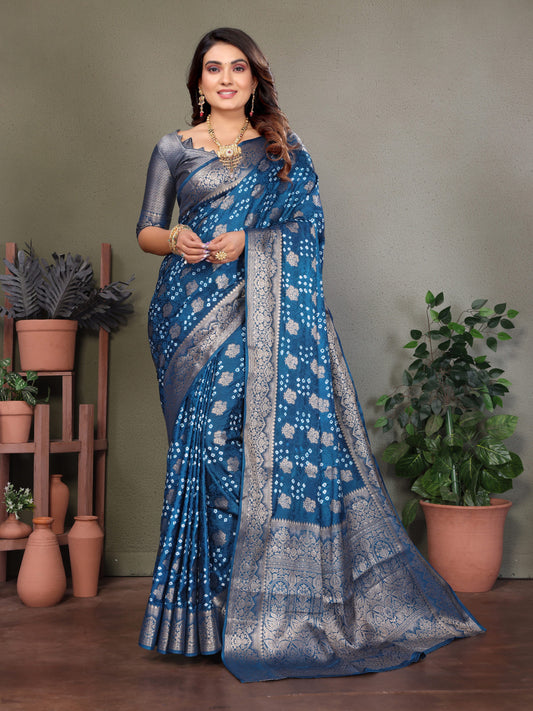 Firoji Premium Bandhej Silk Saree With Zari Weaving Work