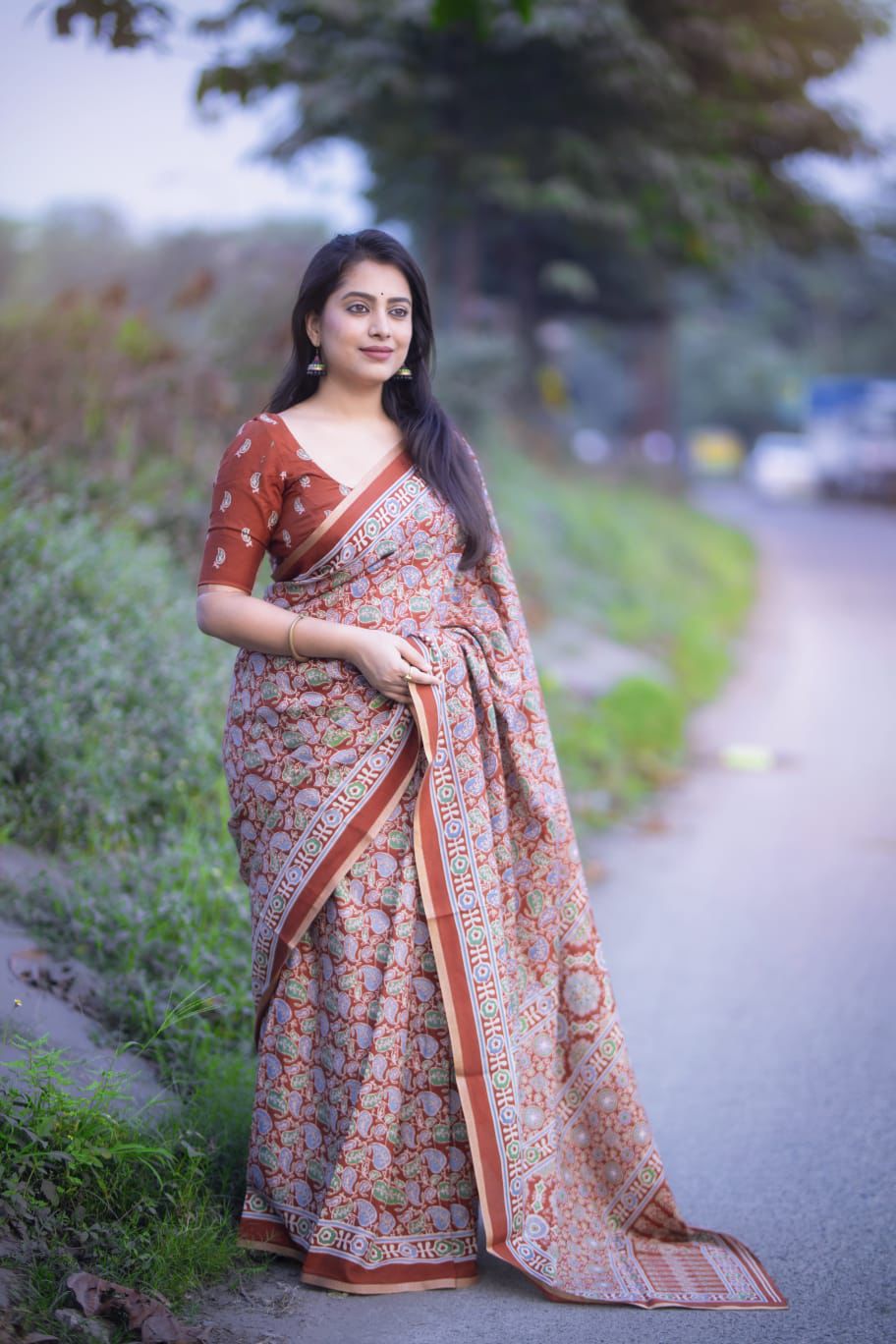 Brown Ajrakh Printed Soft Cotton Saree