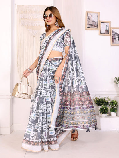 Multi Colour Chanderi Cotton Saree With Digital Printed Work