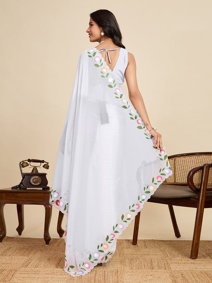 White Color Georgette Saree With Brush Print And Siroski Work