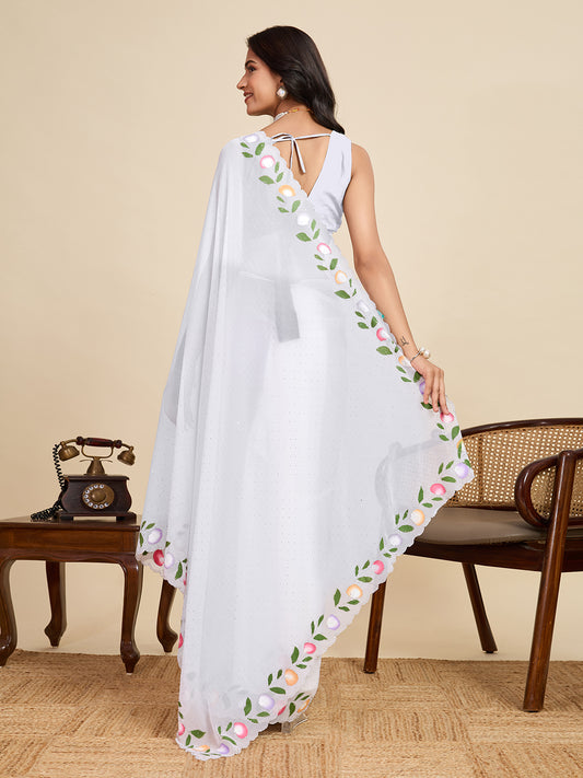 White Color Georgette Saree With Brush Print And Siroski Work