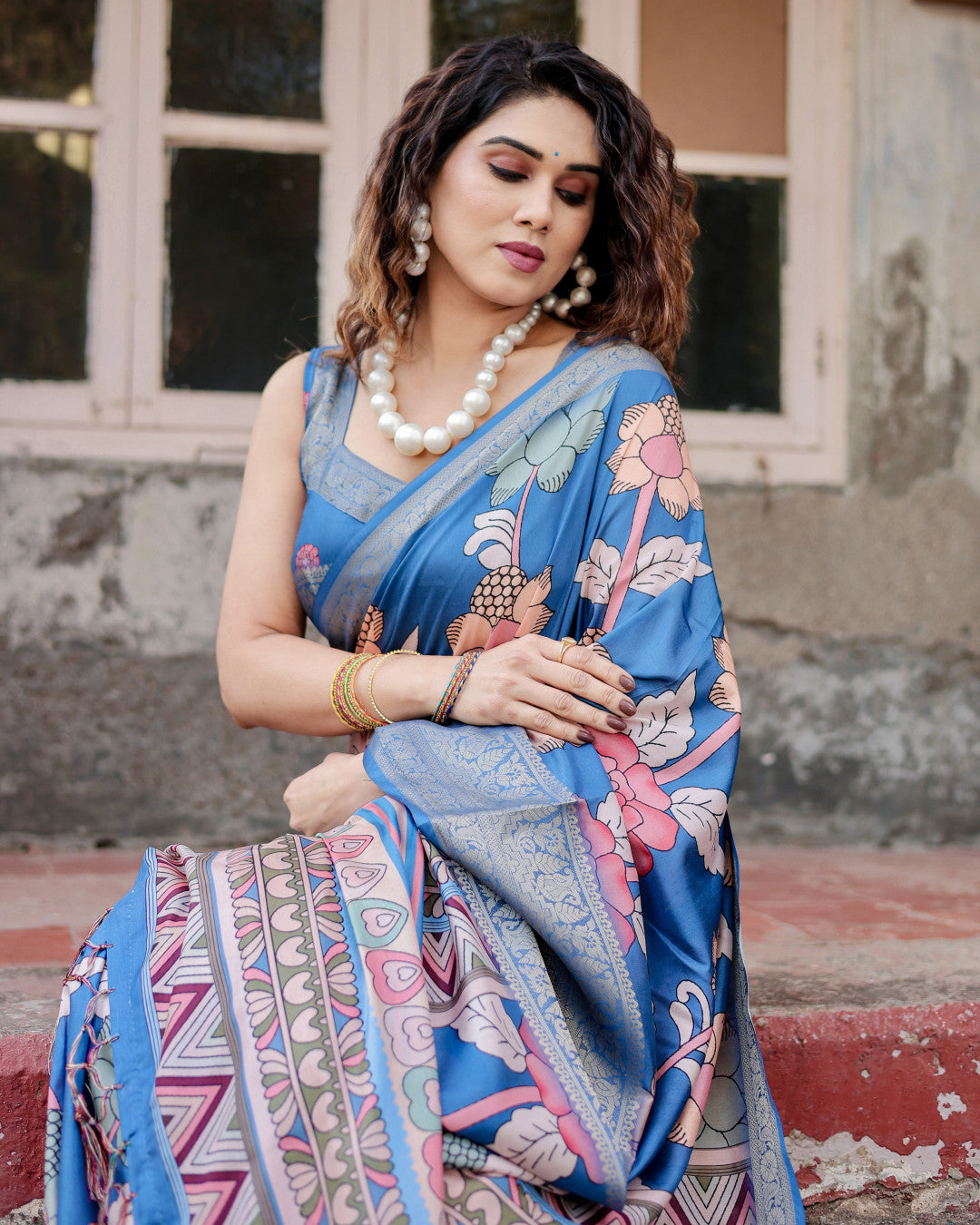 Blue Digital Kalamkari Printed Tussar Silk Saree With Zari Motif Border