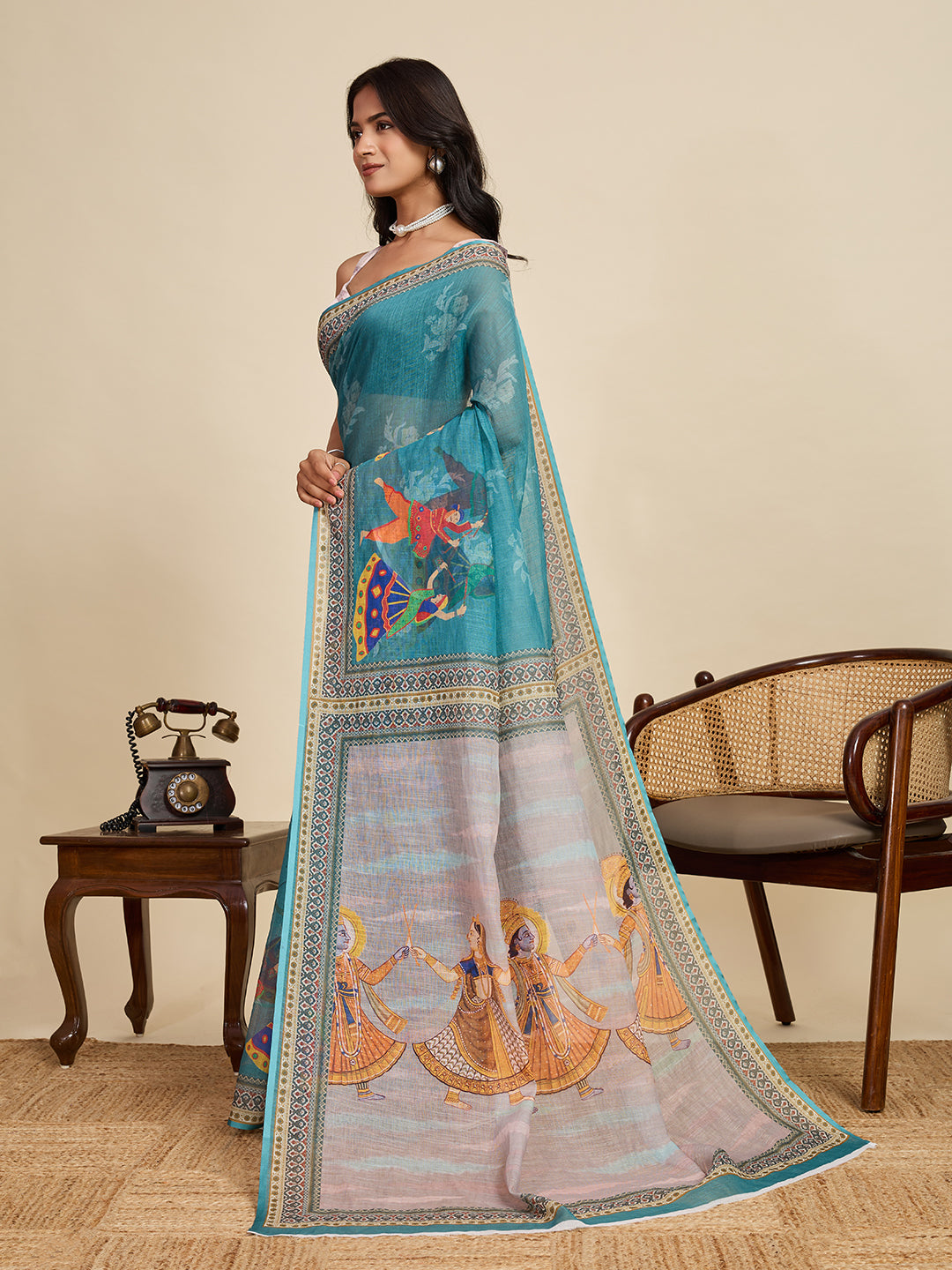 Rama Green Linen Cotton Saree With Digital Printed Work And Silver Zari Border