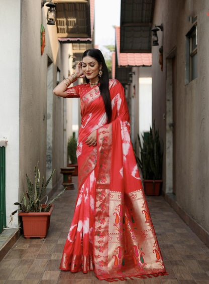 Red Color Soft Dola Silk Saree With Shibori Print & Zari Weaving Work
