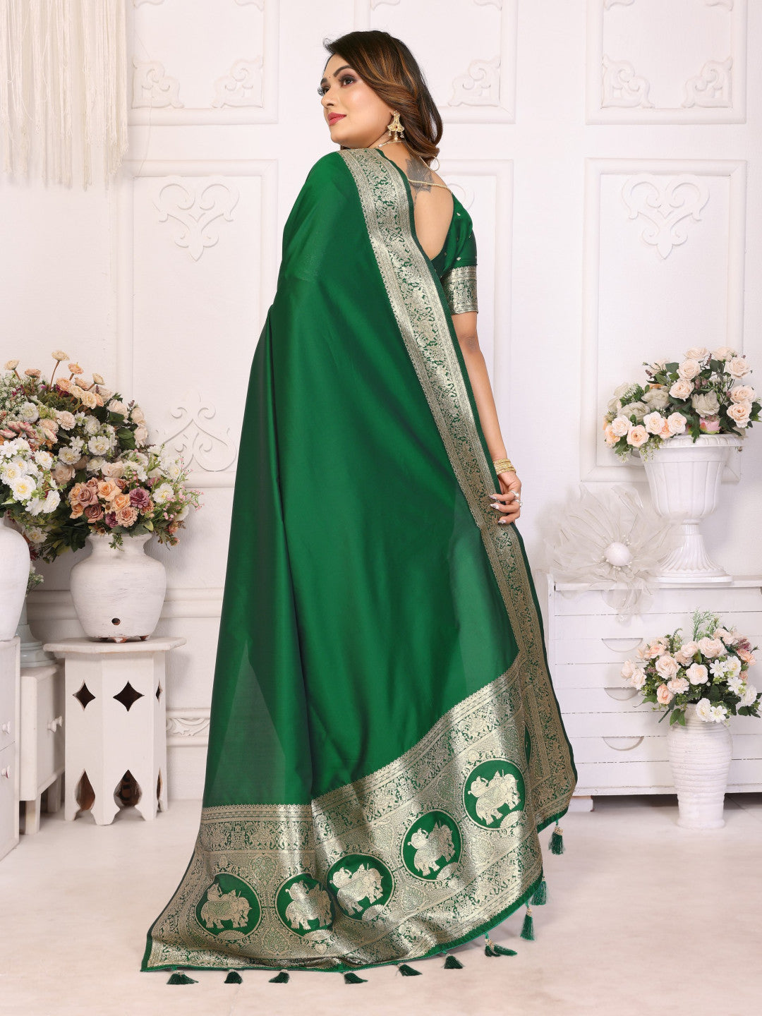 Premium Summer Special Green Banarasi Silk Saree With Gala Weaving Exclusive Work