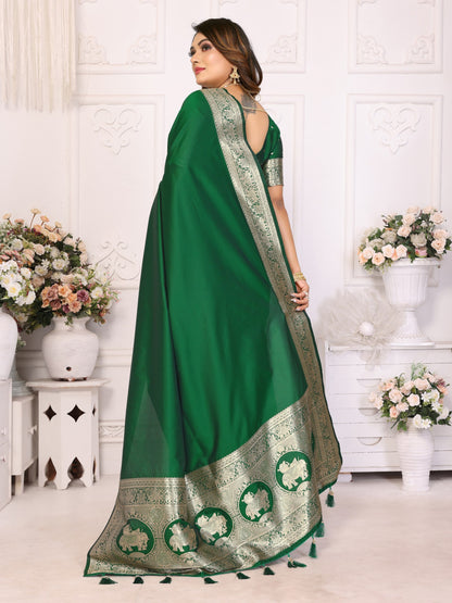Premium Summer Special Green Banarasi Silk Saree With Gala Weaving Exclusive Work