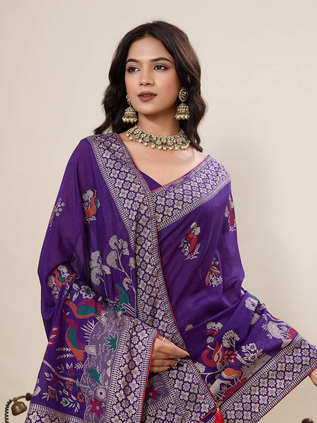 Purple Cotton Saree With Table Printed And Foil Work With Pipeing Border