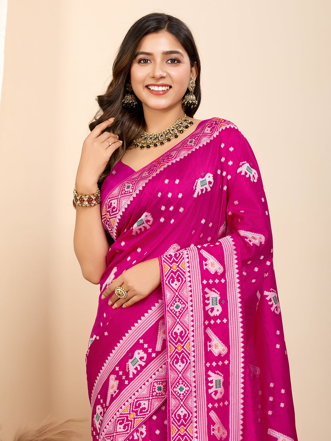 Traditional Muslin Dola Silk Saree With Meenakari Zari Weaving Work