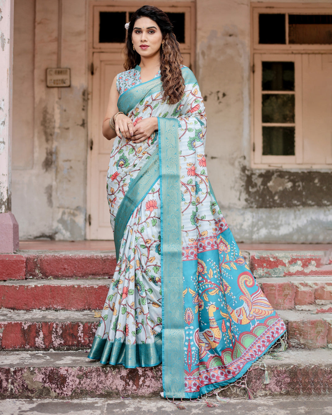 Sky Blue Kalamkari Digital Printed Dola Silk Saree With Gold Zari Border