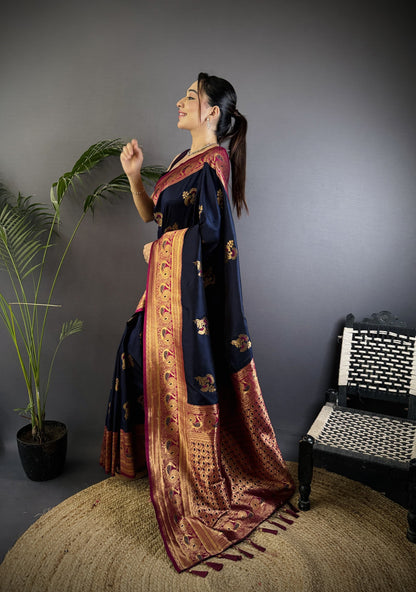 Navy Blue Traditional Banarasi Silk Saree With Zari Weaving Work