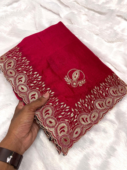 Fancy Pink Color Vichitra Silk Saree With Beautiful Cutwork & Embroidery Border