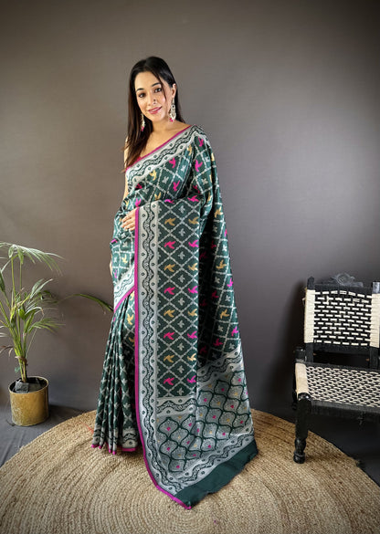 Dark Green Lichi Silk Saree With Zari Weaving Work