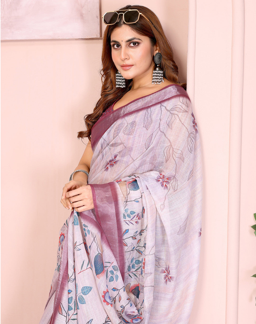 Lavender Linen Cotton Saree With Digital Printed Work And Silver Zari Border