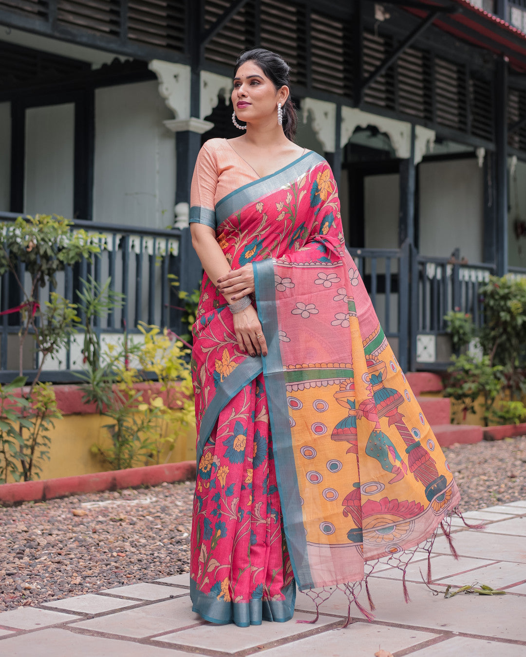 Pink Soft Linen Cotton Saree With Kalamkari Digital Printed Work