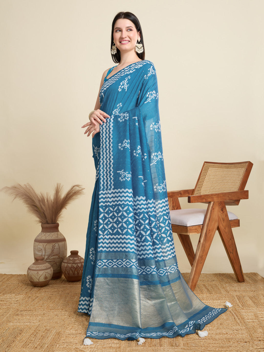 Firoji Batik Printed Soft Cotton Saree With Sequence Work