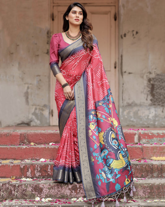 Pink Kalamkari Digital Printed Dola Silk Saree With Gold Zari Border