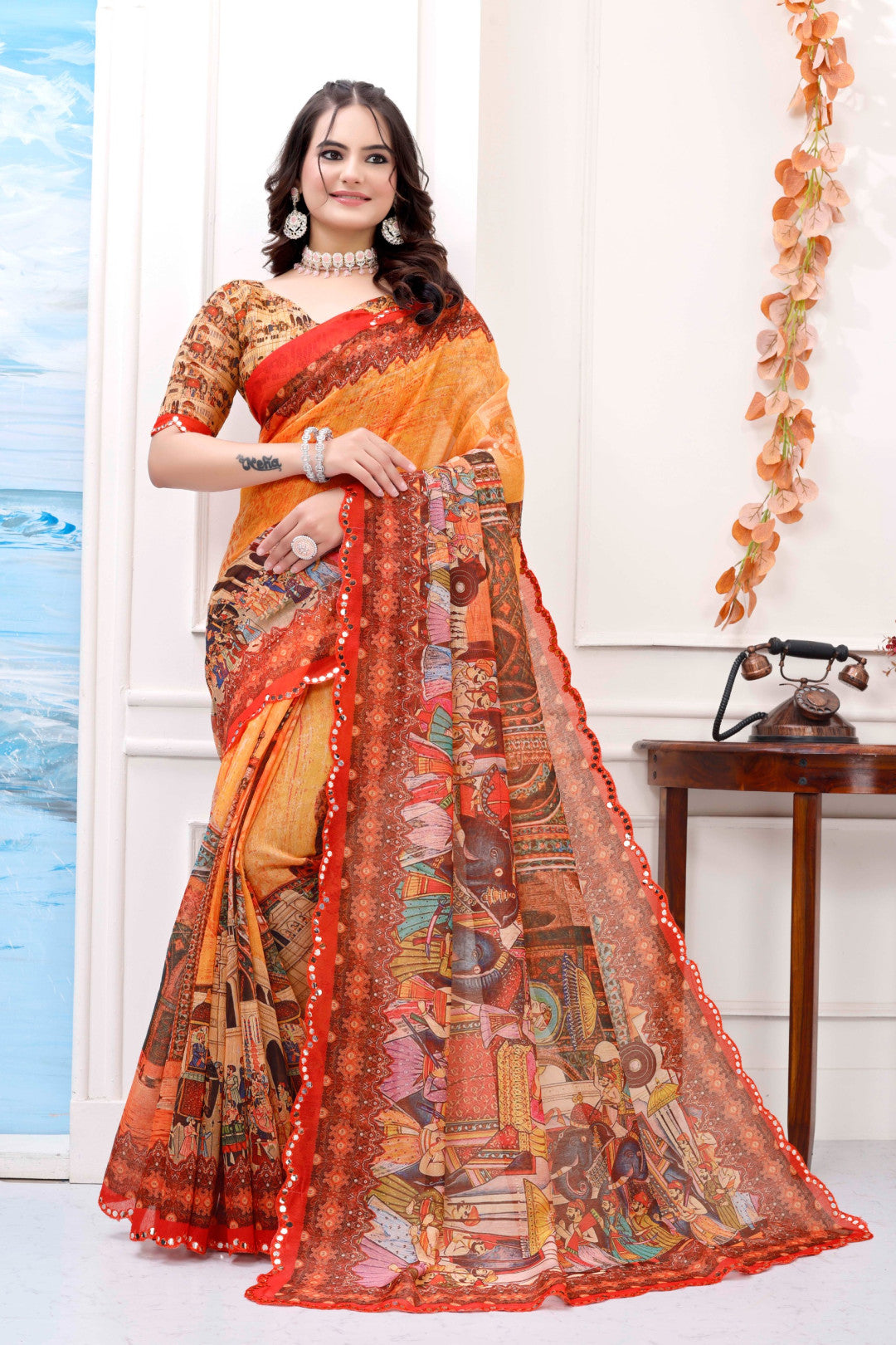 Fancy Multi Kalamkari Printed Chanderi Cotton Saree With Mirror Cutwork Border