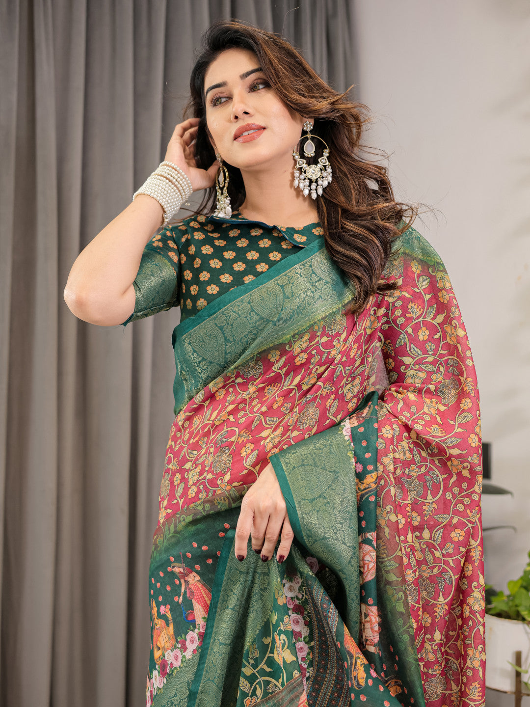 Multi Kalamkari Digital Printed Linen Cotton Saree