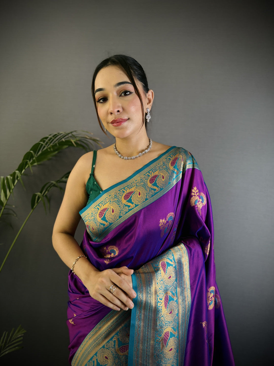 Wine Traditional Banarasi Silk Saree With Zari Weaving Work