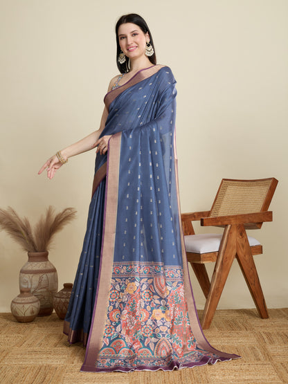 Blue Soft Cotton Saree With Kalamkari Digital Printed Pallu & Zari Border